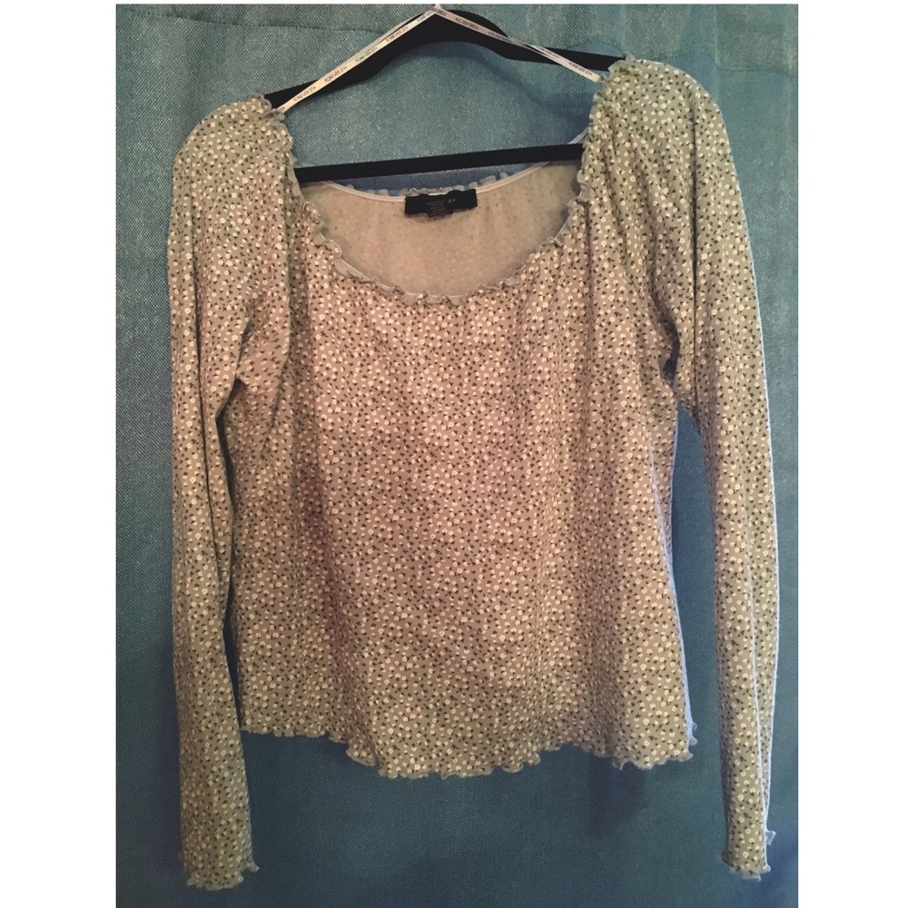 F21 Mint green white flower lettuce hem crop top